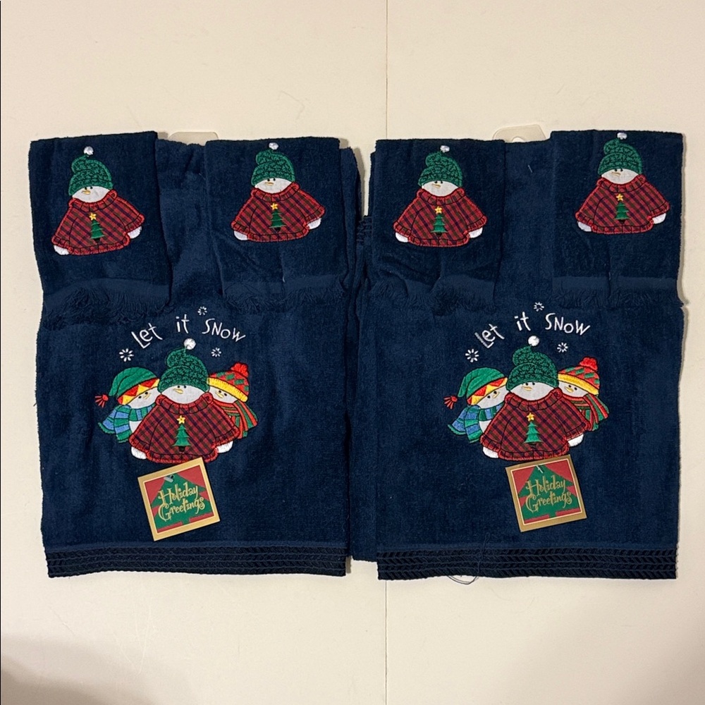 Vintage Snowman Holiday Towel Sets 2 Bath Towels 4 Hand Towels Navy Blue New